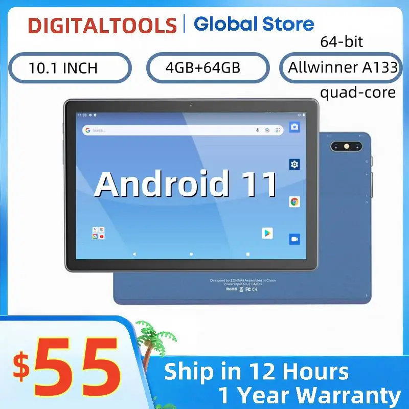

4GB RAM 64GB ROM 10.1” Android 11 Tablet Allwinner A133 Quad-Core 64-bit WIFI Bluetooth 5.0 1280 x 800 Pixels 5000mAh Type-C