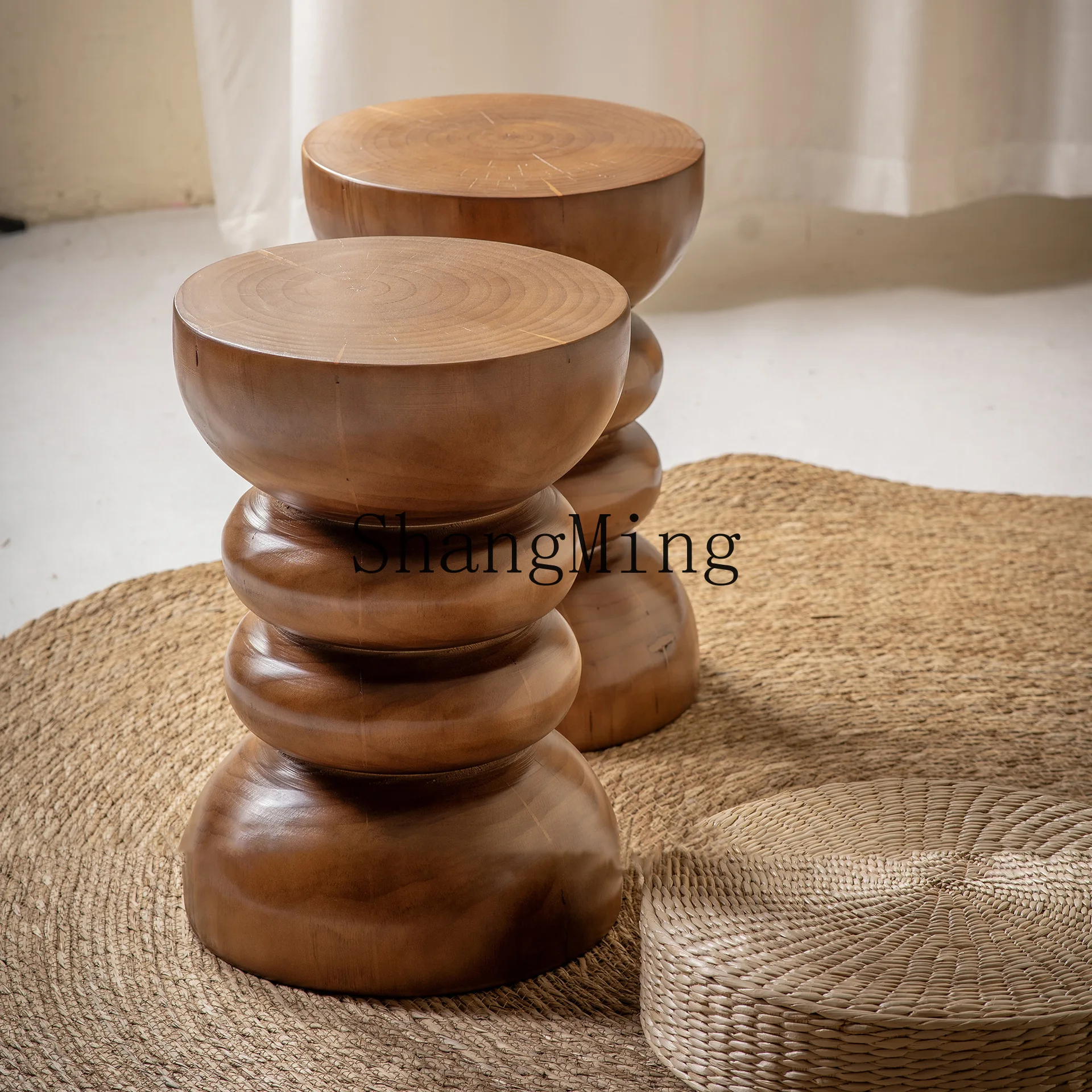 

CL New Chinese Style Art Ornament Tree Stump Homestay Natural Walnut Color Square Stool Solid Wood Round Seat Stool Wooden Stool