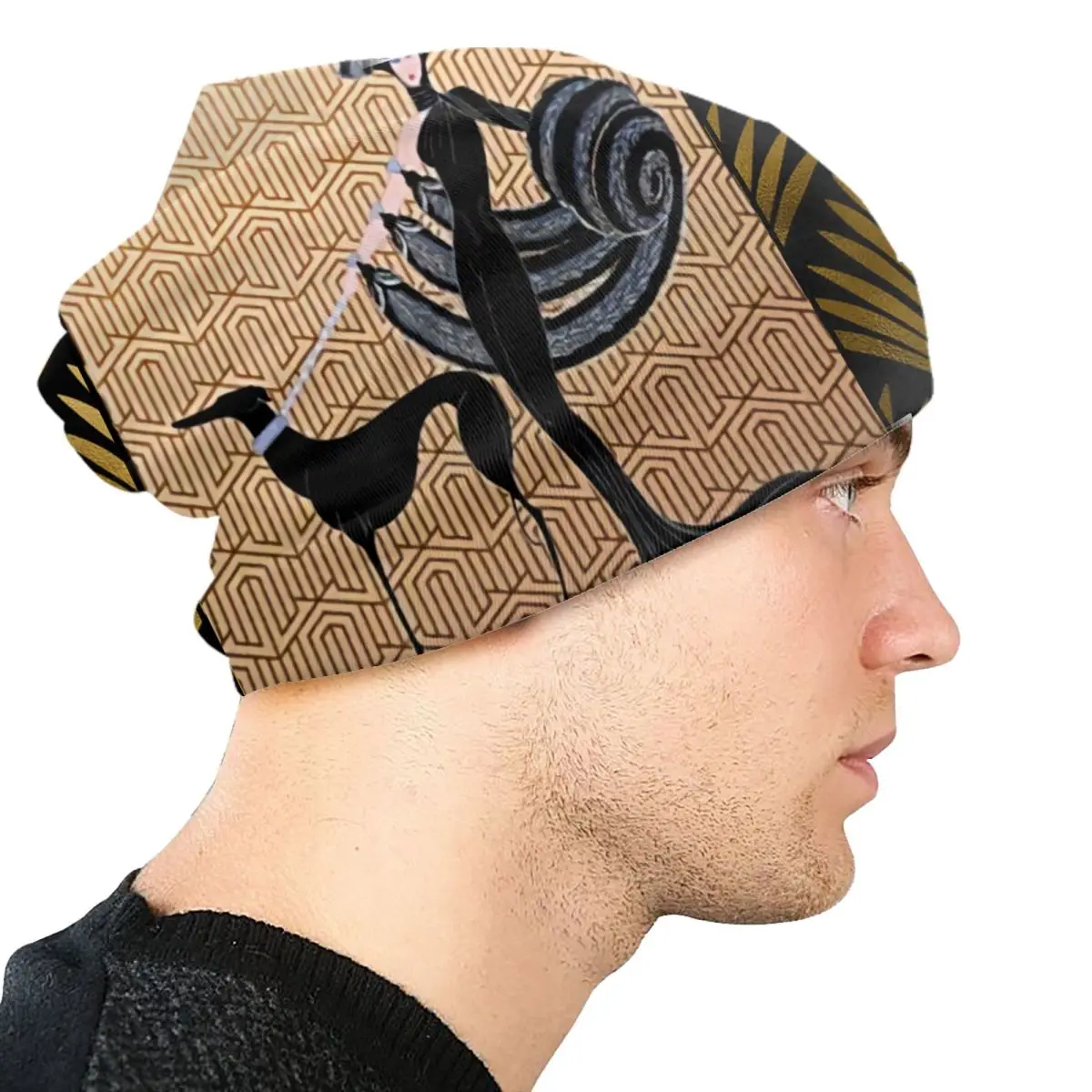 Art Deco Erte Greyhound Skullies 비니 모자, 따뜻한 니트 모자, 겨울 스트리트웨어, 남녀 공용 성인 Whippet Sighthound Dog 보넷 모자