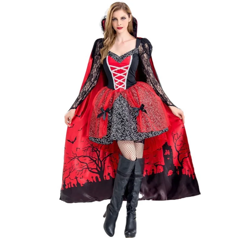 

Halloween Cosplay Witch Costume Red Cape Dress Cosplay Vampire Clothes Demon Queen Masquerade Carnival Costume Party Clothing