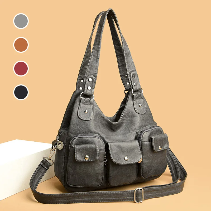 

Large Punk Shoulder Hobo Bags For Women With Multi-Pocket Casual PU Leather Studded Underarm Handbags For Daily Use