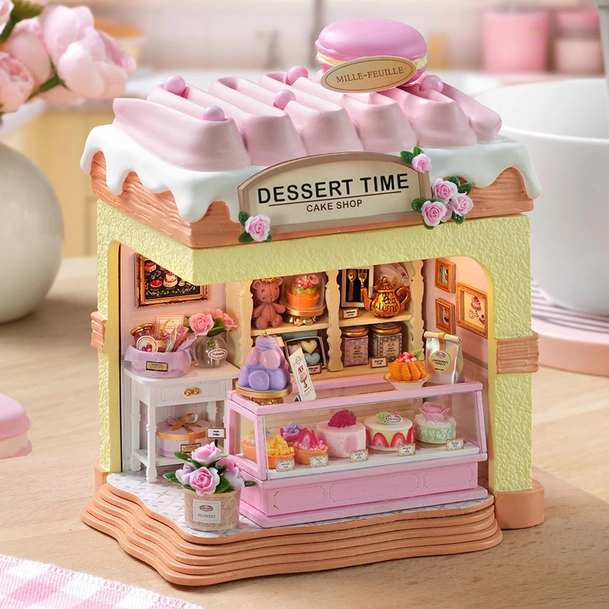 

DIY Wooden Rose Dessert Shop Casa Miniature Model Kits With Furniture LED Lights Dollhouse for Friends Birthday Gifts
