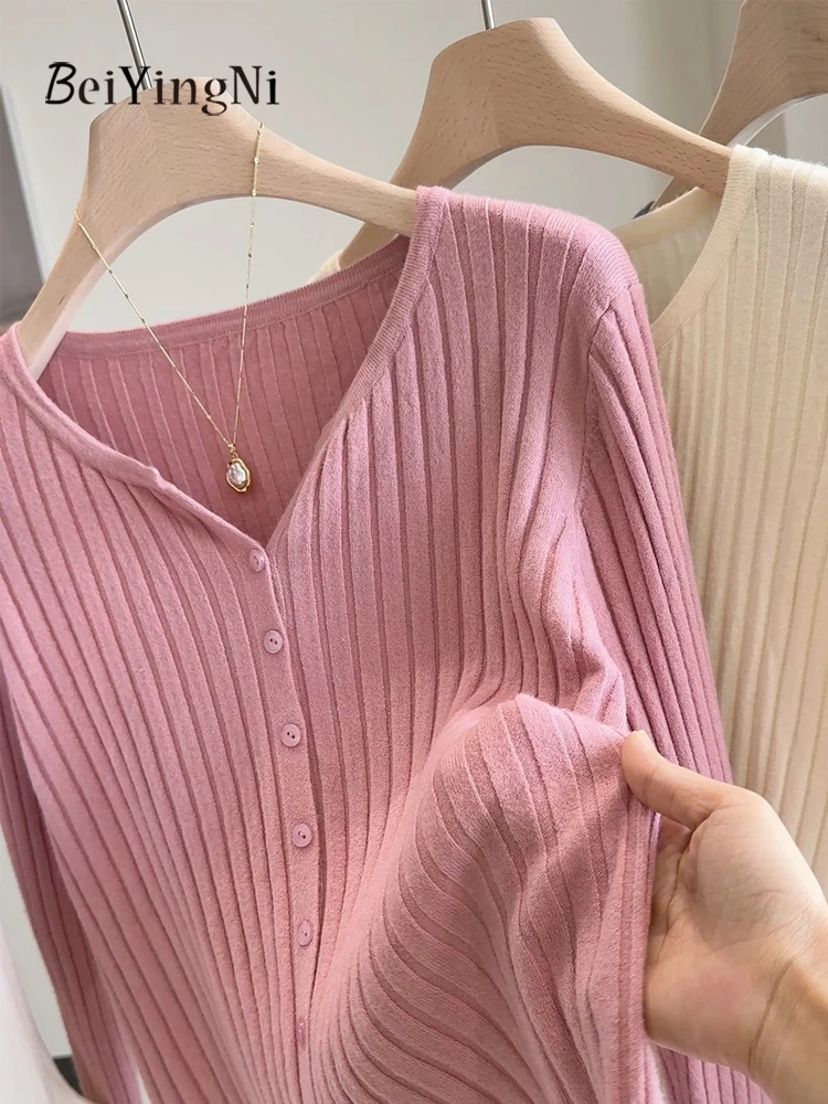 Beiyingni Female Cardigans Autumn Winter Korean Fashion Women's Single-breasted Sweater Plain Outwear Street 2025 Knitted Tops