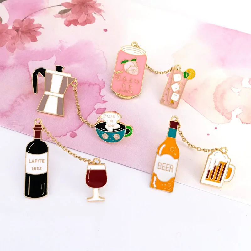 Coffee Beer Pins Metal Japan Sloth Style Cute Red Wine Juice Drinks Enamel Pin Badge Clothing Accessories Fun Broches For Women
