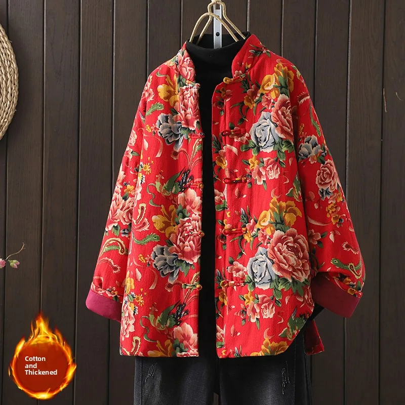 

Winter Women's Loose Cotton Linen Jaet Stand Collar Button up Floral Print Retro Chinese Sle Coat Thiened Long Sve