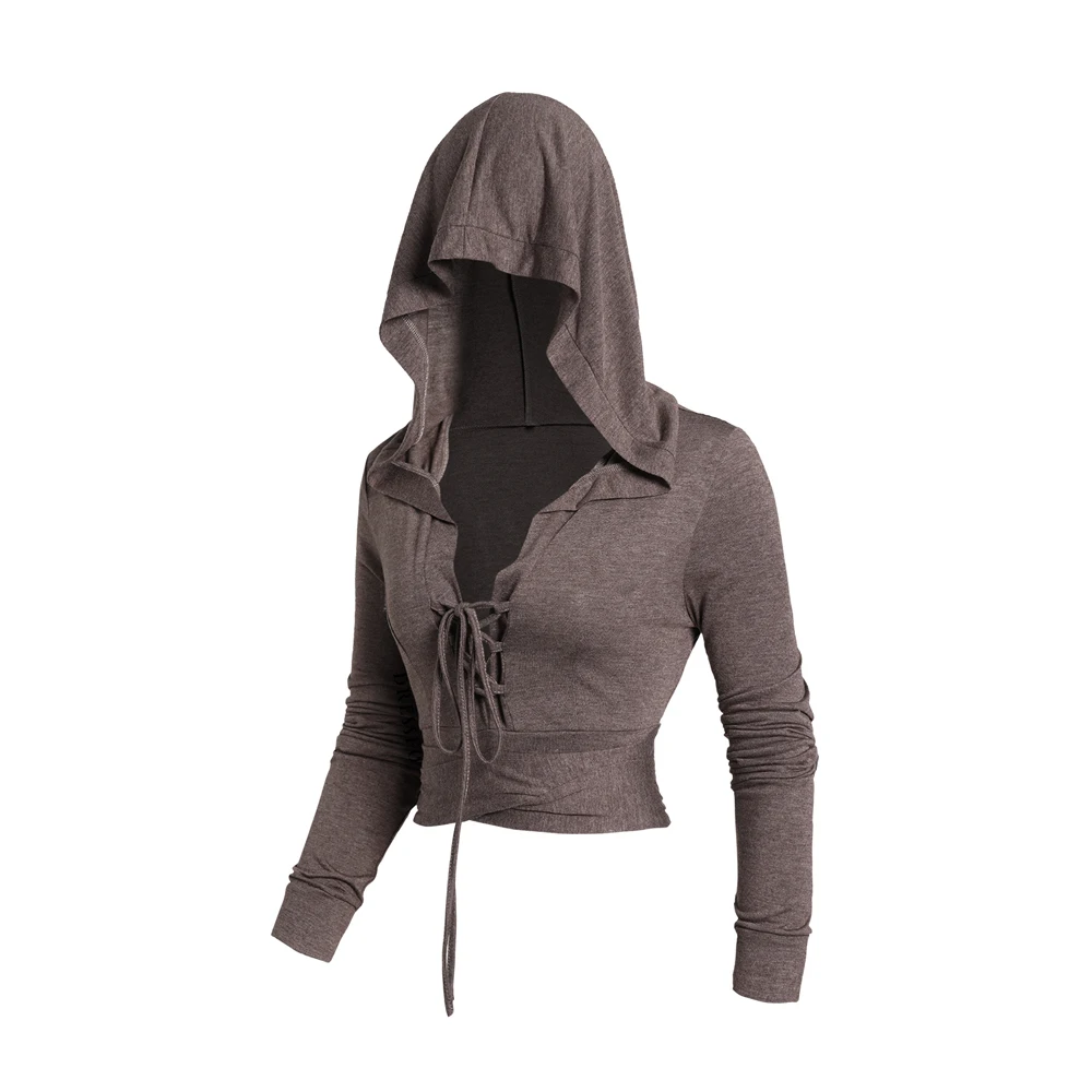 Casual Lace Up Hooded Crop Top Fashion Women V Neck Crossover Tie Knot Long Sleeve Heathered Corp Coat