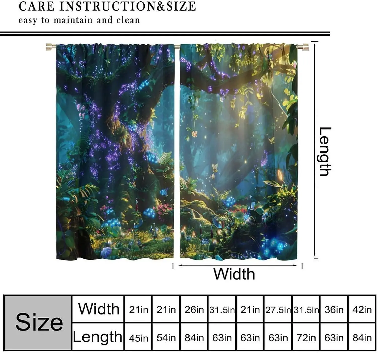 Magical Glowing Forest Curtain 2 Panels, Giant Ancient Tree Luminous Purple Vine Butterfly Light Beam Dark Jungle Print, Drapes