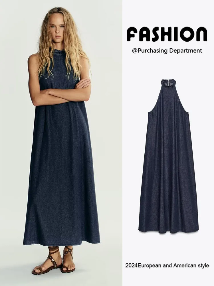 Jesień 2025 Nowa Modna Damska Sukienka Jeansowa z Długim Kołnierzem, Wysokim Stanem, Krój A, Jednolity Kolor, Inne 00%