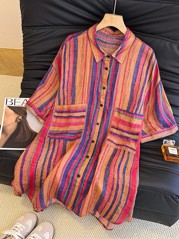 Top artístico de longitud media a rayas para mujer, talla grande, doble ket, un solo botón, cuello vuelto, adelgazante, versátil, para verano