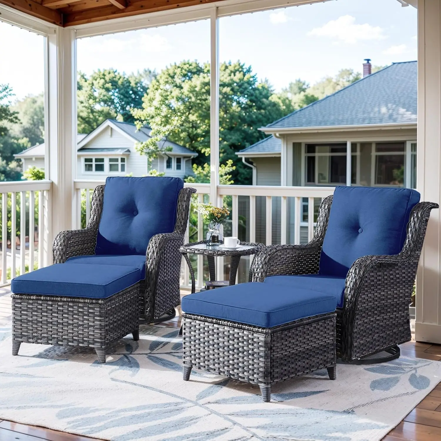 

5 Pieces Patio Furniture Sets Wicker Outdoor Furniture Rattan Patio Swivel Glider Chairs with 2 Ottoman and Glass Side Table