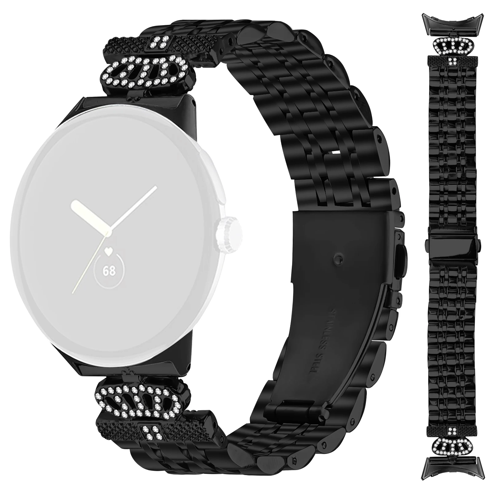 

For Google Pixel Watch 2 / Pixel Watch Watch Band 7-Bead Rhinestone Crown Stainless Steel Strap - Black
