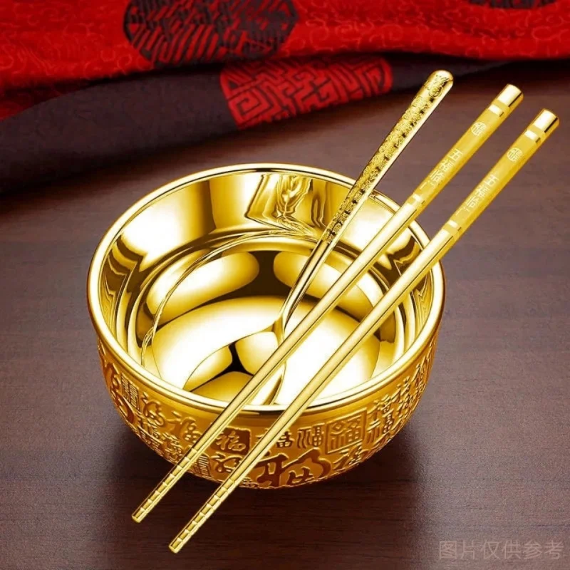 

Gold Color Gold Bowl Chopsticks Spoon Set Sand Gold Wealth Dragon Phoenix Gold Silver Bowl Three-Piece Set Gold-Plated Wealth De