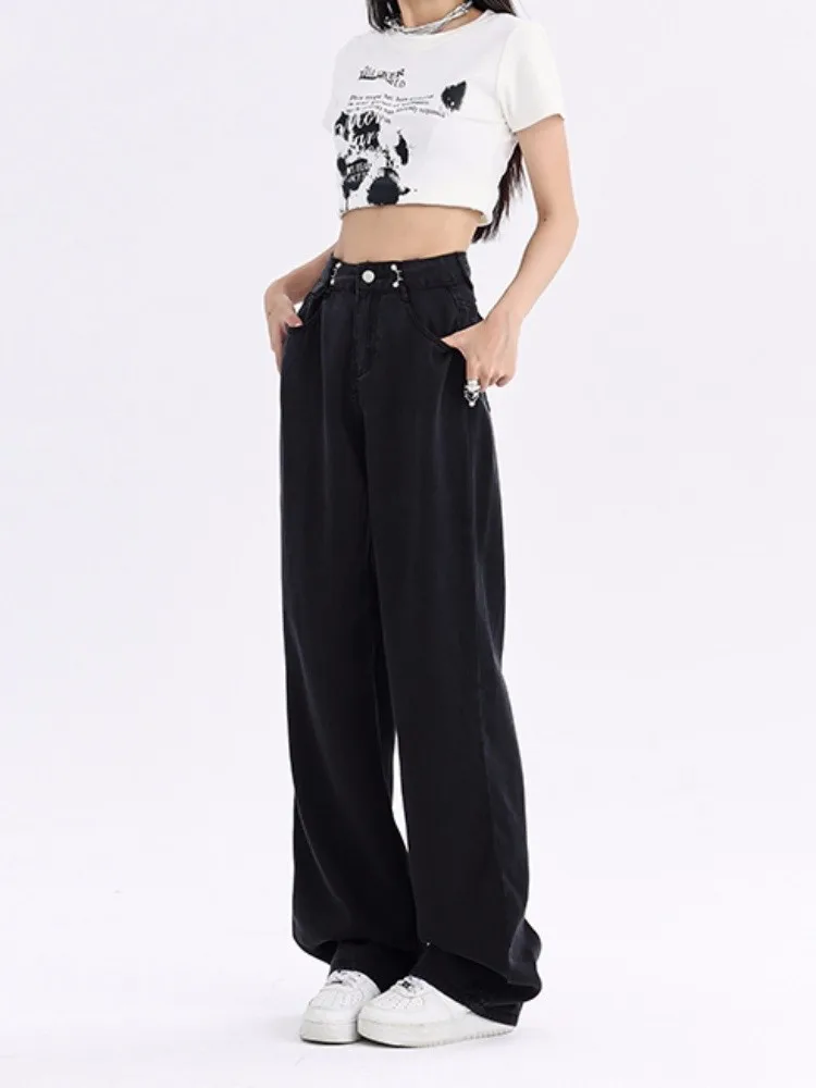 FINEWORDS Causal Vintage Y2K Wide Leg Baggy Jeans Women Streetwear Black Denim Pants Full Length Punk High Waist Pants