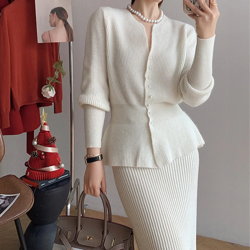 Fashion Chic Slim Cardigan Sweater Top Y2k Women Knitted Two Piece Skirt Set New Fashion Tide Autumn Winter 2024