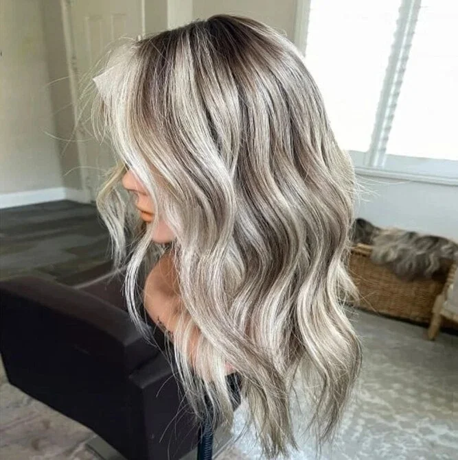 

Highlight Platinum Blonde Synthetic Lace Top Wigs Long Body Wave Wigs Female Pre Plucked Glueless Lace Frontal Wigs For Women