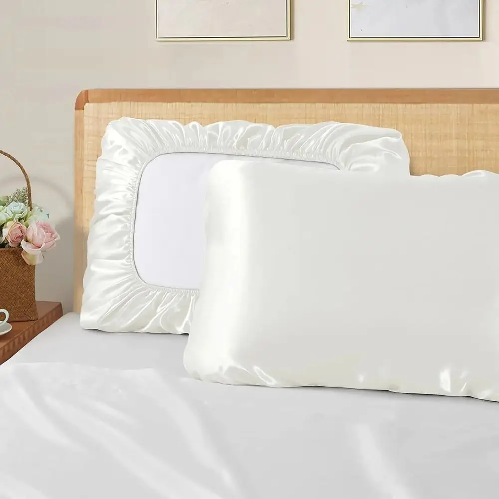 1Pair Durable Elastic Band Satin Pillowcase Solid Color Standard Silky Pillow Case Luxury Queen Size Pillow Cover Bed Accessory
