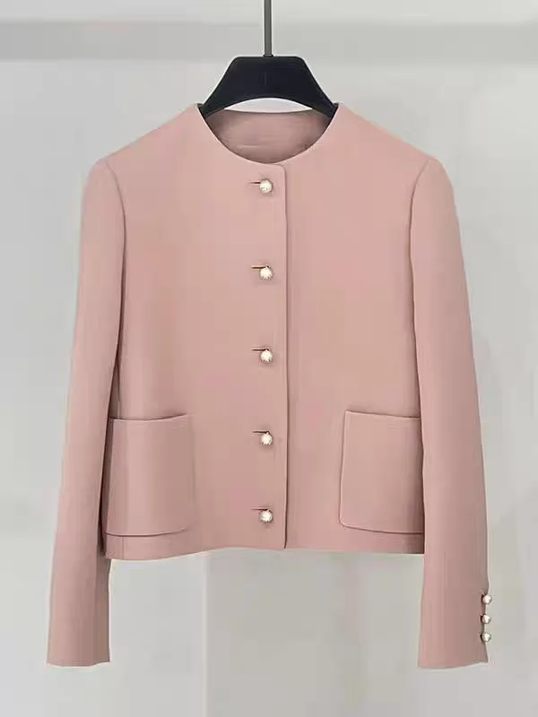

Pearl Button Two-Pocket Women's Jacket Spring Summer New Style Commute Style Loose Fit Long Sleeve round Neck Short Coat