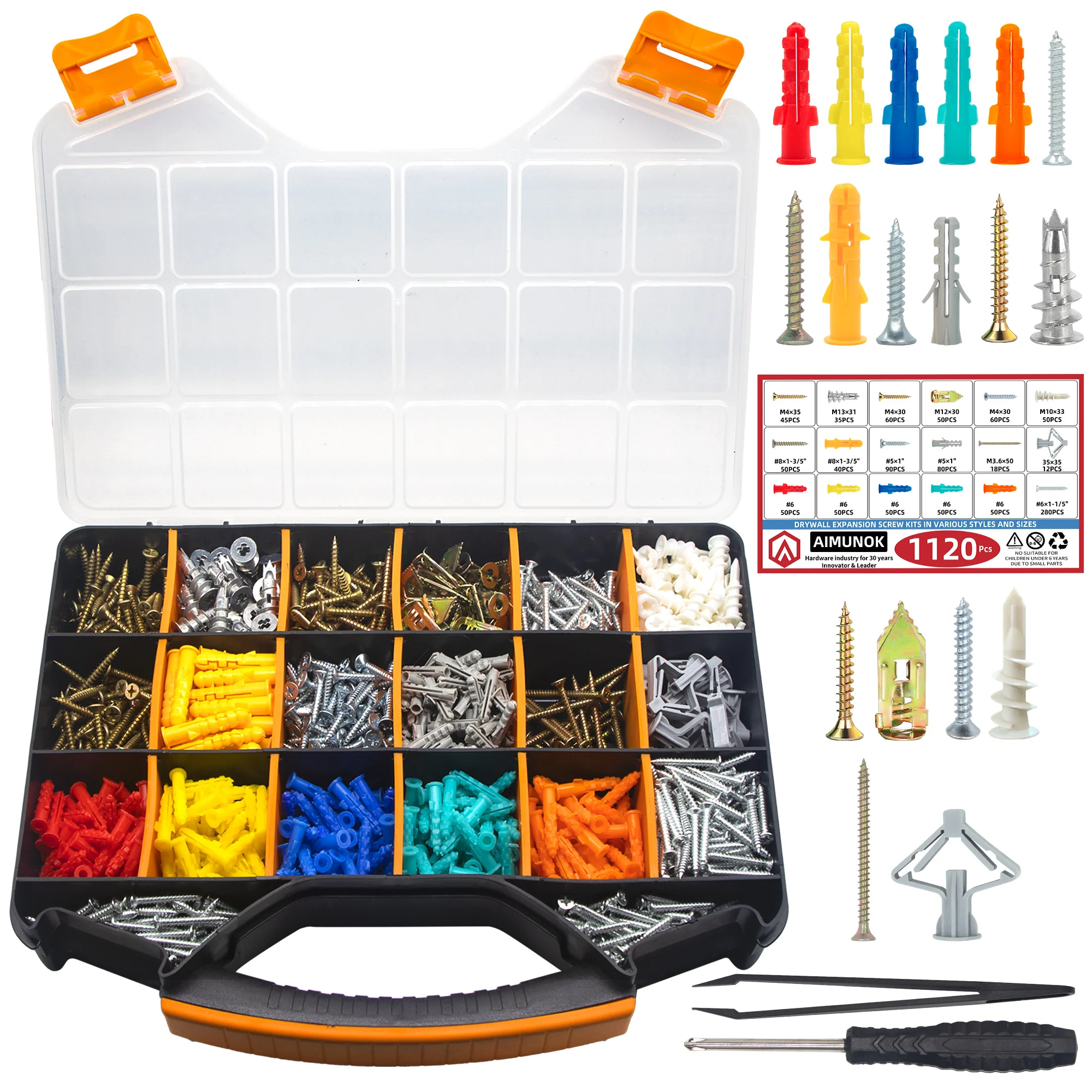 AIMUNOK 1120-Piece Value Combo Set Plastic Drywall Anchor kit with Screws and Hollow-Wall Anchors mounts, 7 Sizes Total