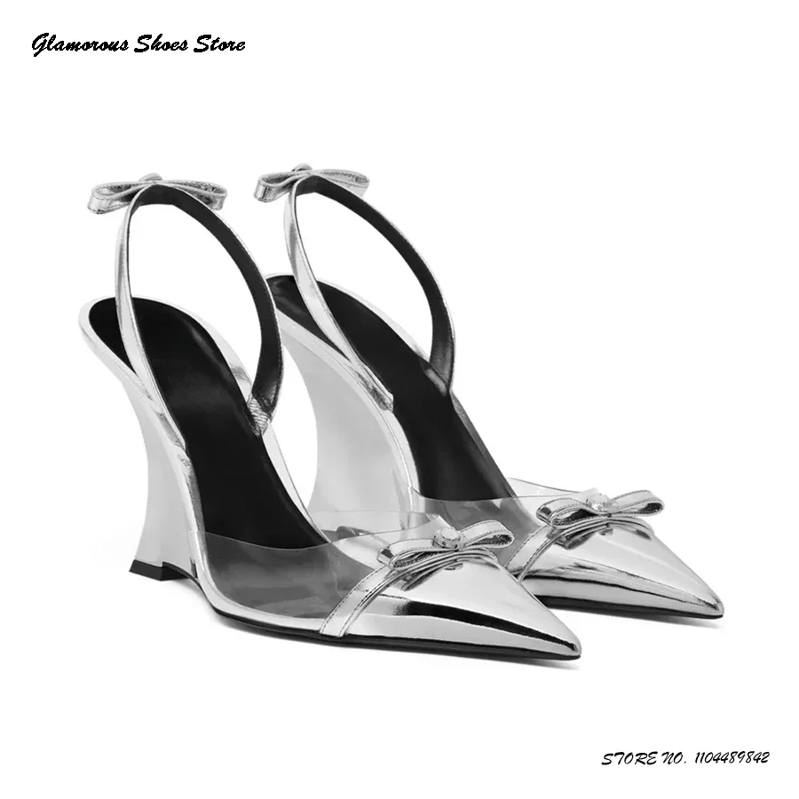 

Metallic Silver PVC Wedges Sandals Sweet Bowknot Pointed Toe High Wedge Slingback Pumps Summer Fashion Banquest Women's Shoes