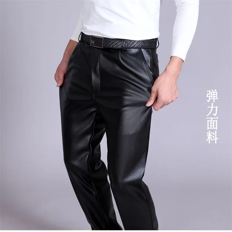 Men's Leather Pants Loose Windproof Warm Velvet Padded Thickened Waterproof Motorcycle Wear-Resistant Work Pants