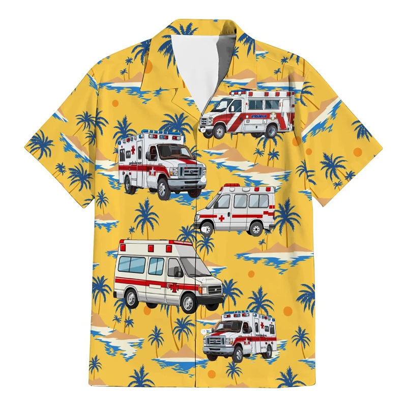 Vehicle Ambulance 3D Printed Hawaiian Beach Shirt Great Professional Doctor Driver Short Sleeve Emergency Car Male Lapel Blouse