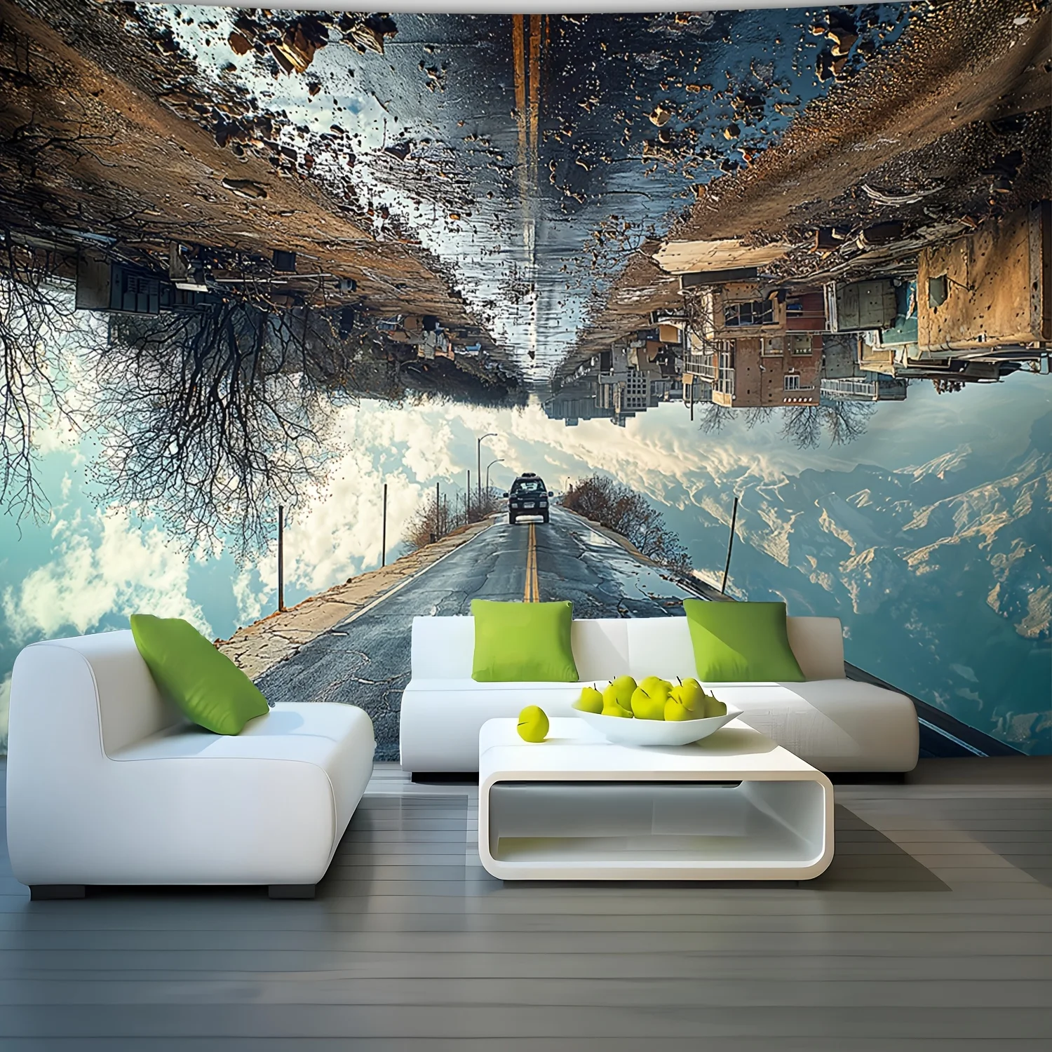 Inverted City Tapestry Wall Hanging Surreal Upside Down Town Road Landscape Tapestry Boho Home Decor for Living Room Bedroom