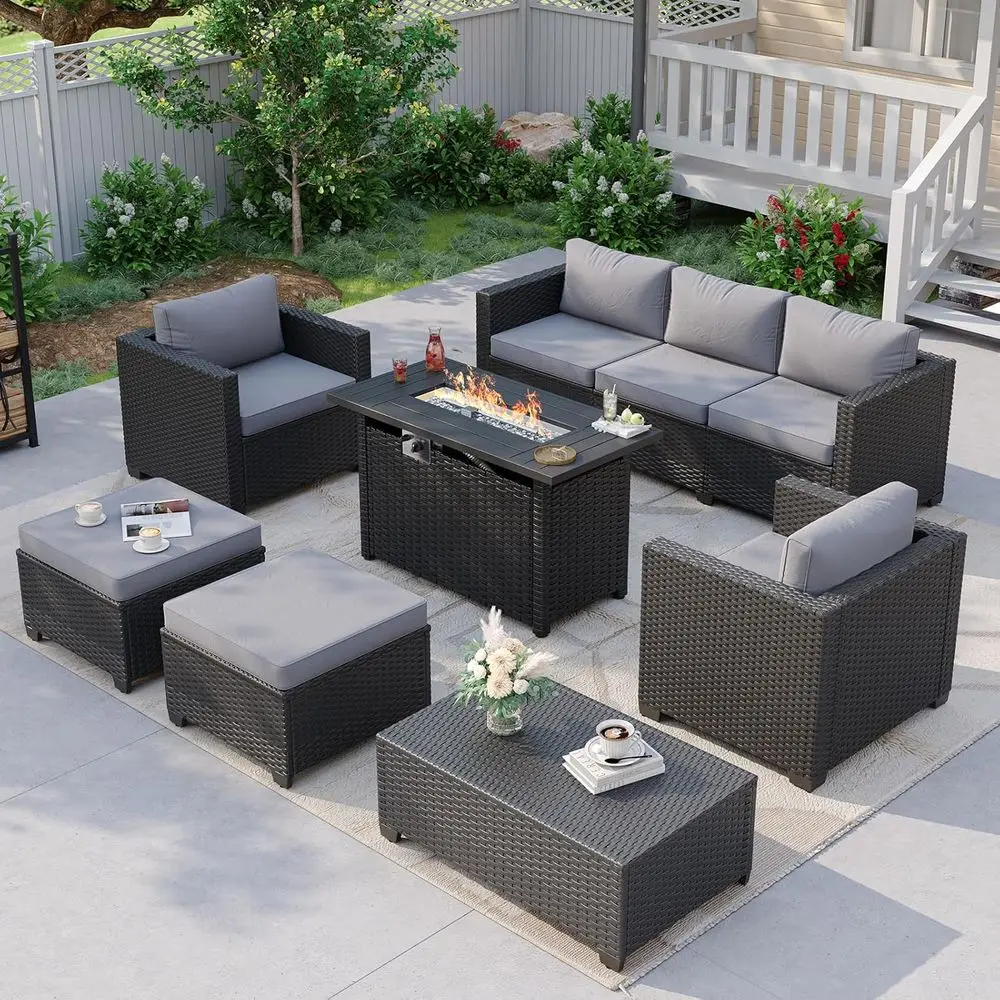 

7-Piece Outdoor Patio Furniture Set with Fire Pit, Wicker Ottomans, and Waterproof Cover