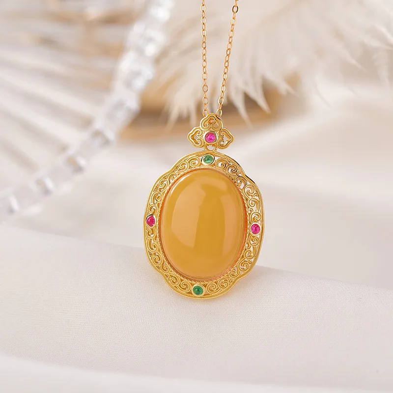 S925 Sterling Gold-Plated Amber Ruyi Scroll Grass Pattern Hollow Pendant Silver Hanging Ornament
