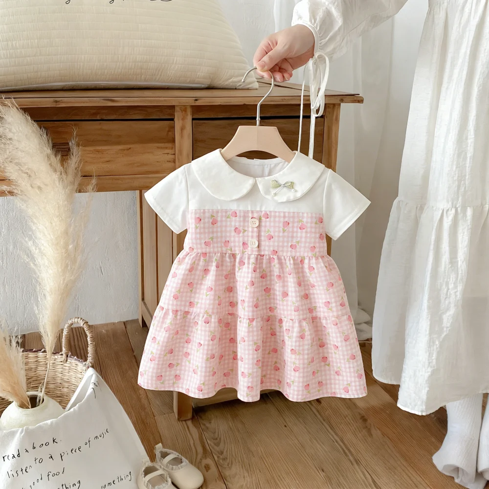 Girls' Dress Summer Floral Checkered Short-Sleeved Baby Girls Dress Cute Casual Baby Dress Baby Girl Clothing