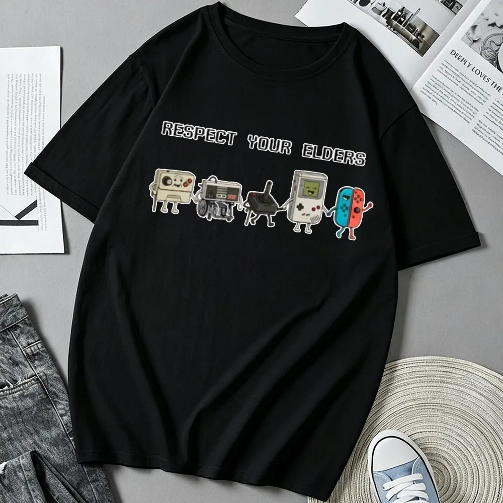 Respect Your Elders Retro Game Console Graphic T Shirt Unisex Vintage Handheld Game Print Short Sleeve Cotton Casual Gaming Tops