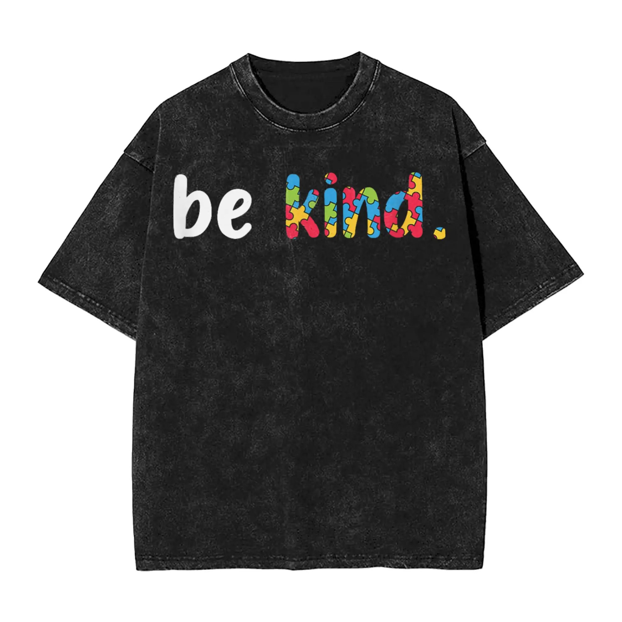 Autism Awareness Be Kind Colorful Puzzle Pieces Washed T Shirts Streetwear T-Shirts  Tees for Men Women Short Sleeve Printed