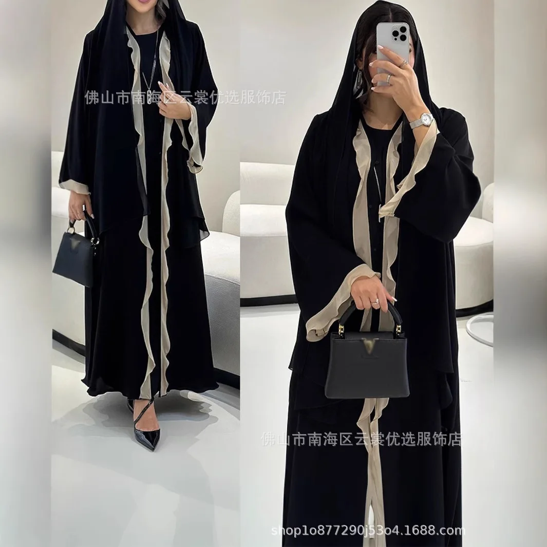 

Женская абайя на Ид, кардиган с рюшами, открытый наряд, мусульманская джалабия, длинное платье для Рамадана, праздничный кафтан, арабская длинная роба, марокканский кафтан