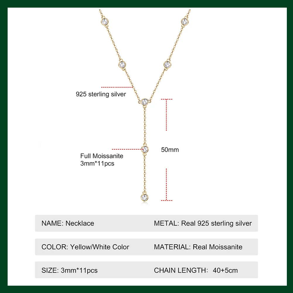 JEY 3mm Moissanite Necklace for Women 925 Sterling Silver Y Chain Necklace Sweater Chain Plated 14k Gold Lariat Necklace Gifts