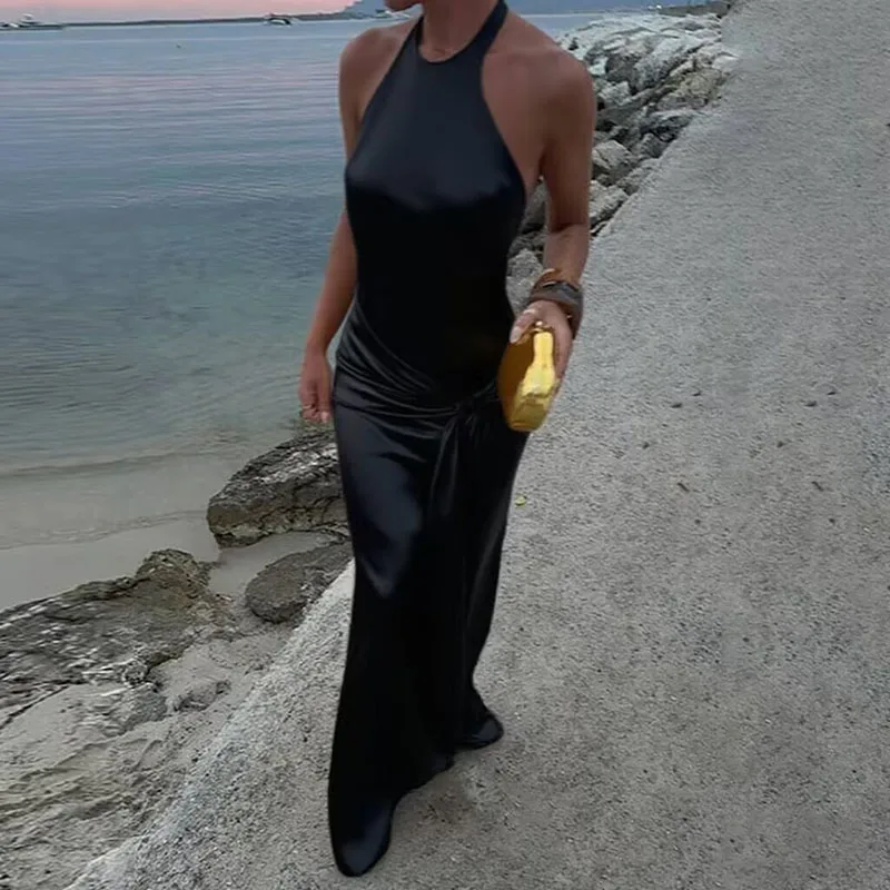 Elegant Round Neck Sleeveless Party Dress 2025 Women Sexy Backless Solid Beach Dress Fashion Lace-Up Waist Slim Satin Long Dress