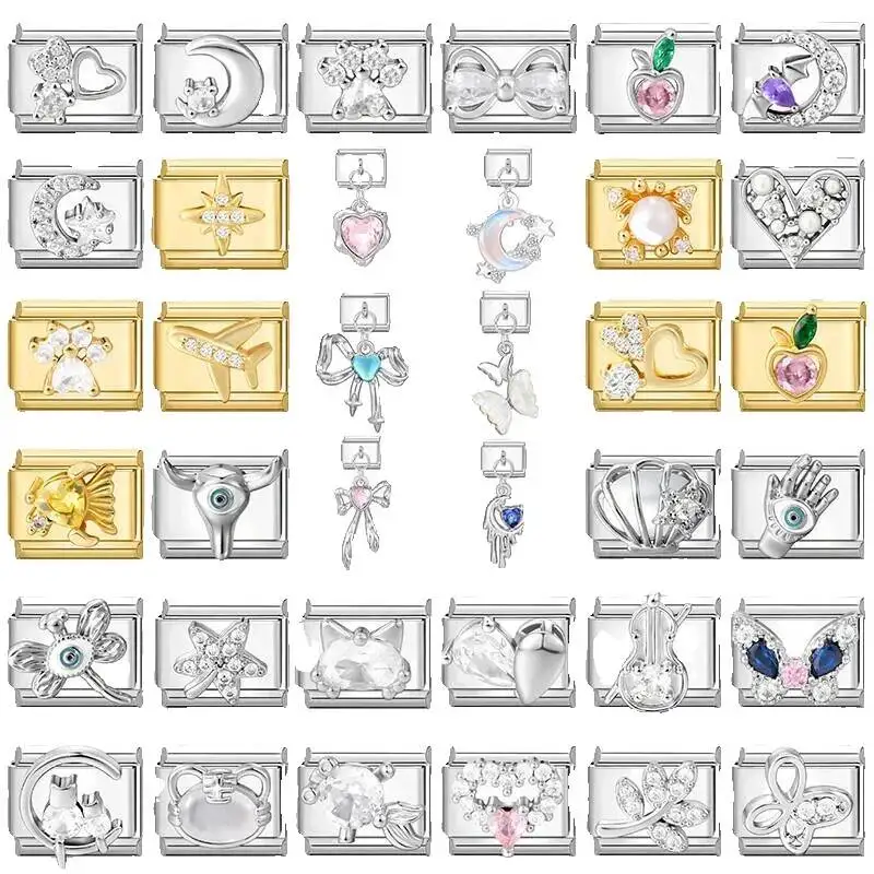 2026 NEW Zircon Butterfly Bow Knot Flowers Italian Charm Links Fit 9MM Stainless Steel Bracelet Fashion Omen Men DIY Making Gift