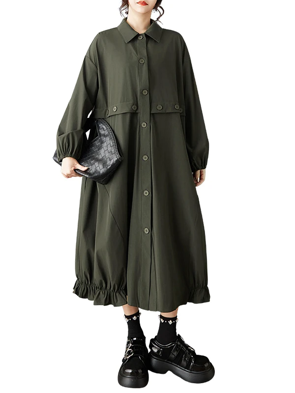 k Sle Midi Dr irt Dr Ele Spring Faion Damenbekleidung, lockere Taille, langer Sve-Knopfverschluss, Alltagskleidung