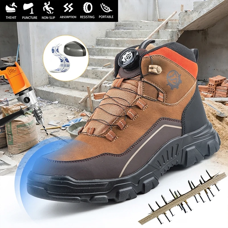 Professional Worker Protective High Top Safety shoes Rotary Knob Anti-smash Puncture Proof Steel Toe For All Work Sites