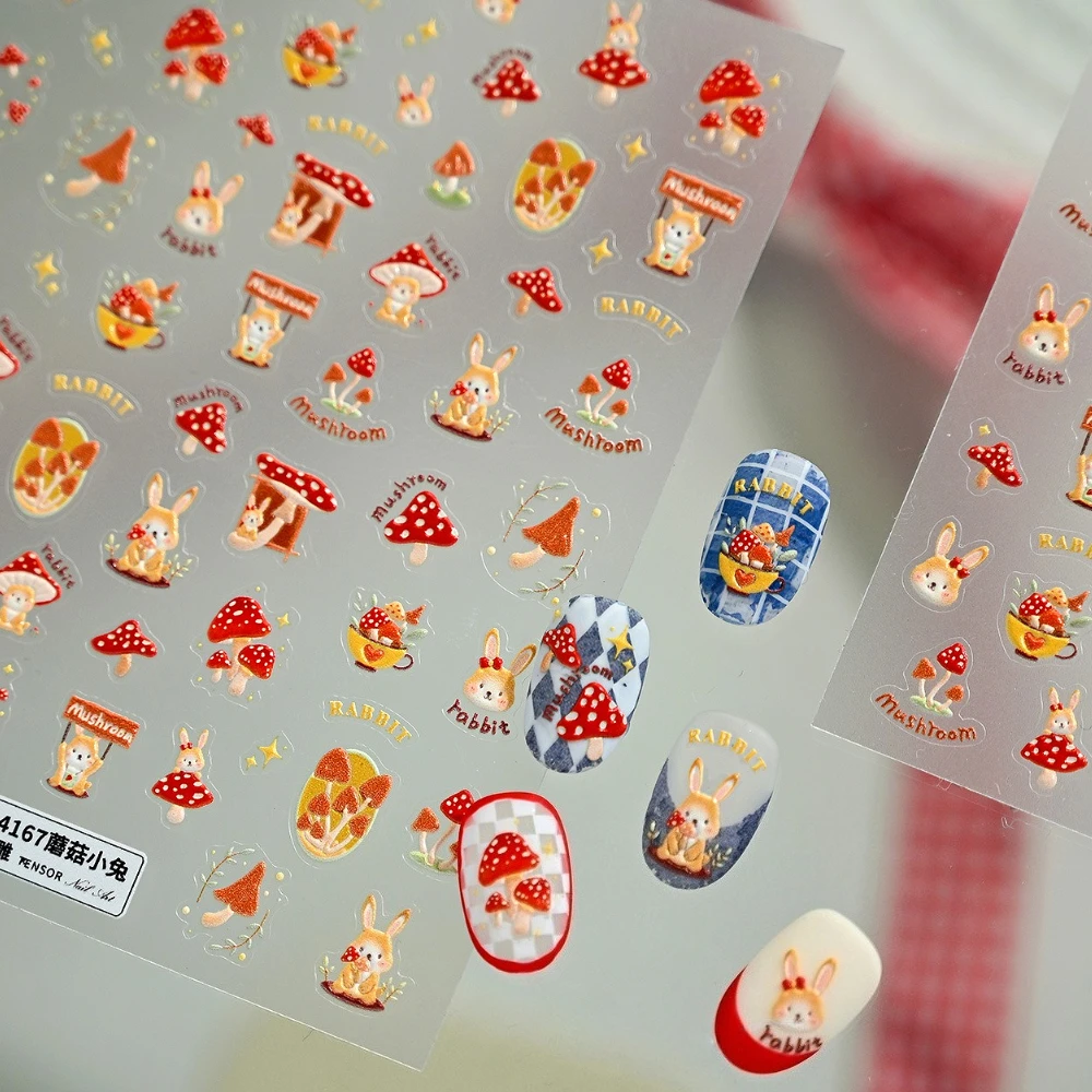 Bellissimo cartone animato fungo coniglio autunno 5D in rilievo autoadesivo adesivi per nail art simpatico coniglietto pigna foglia d'acero decalcomanie per manicure