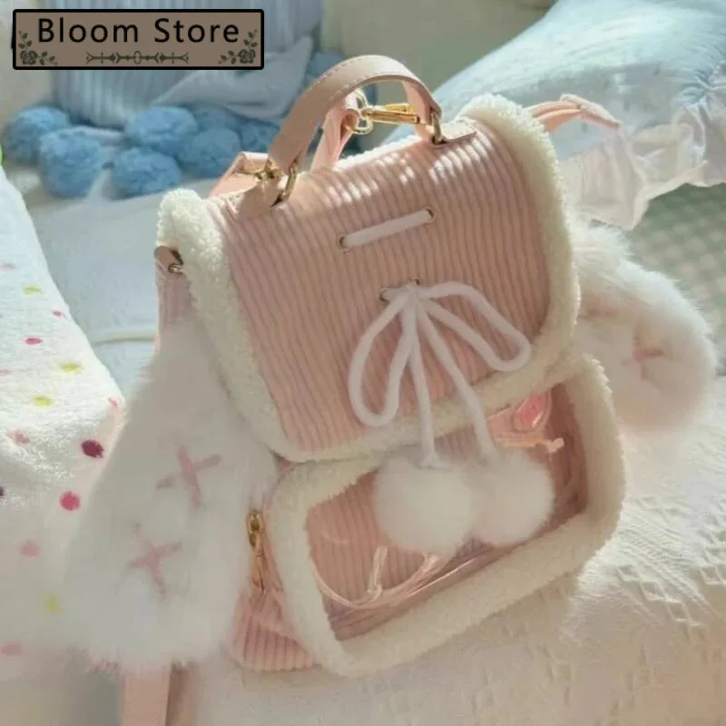 

Korean Patchwork Fluffy Ears Transparent Ita Bags Casual Simple Kawaii Cute Schoolbags Sweet Y2k Girls Fashion Backpacks Women