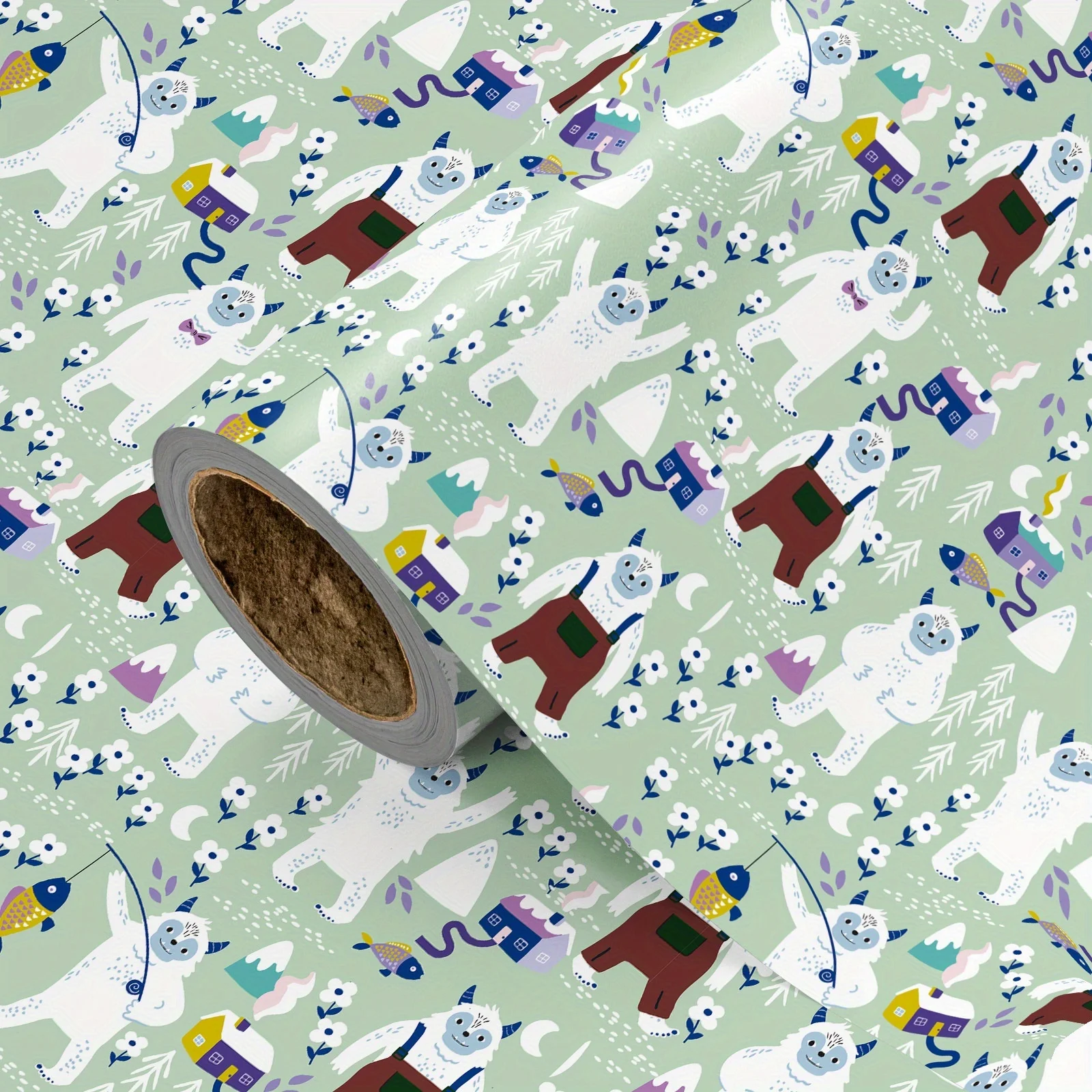 1 Roll of Cute Snow Monster Christmas Wrapping Paper |   Light Green Background with Snow Monster Hut Pattern, Suitable for Christmas Gift Wrapping, Winter-Themed Parties, Children's Gift Decoration, and Holiday Atmosphere Setup - 43cm × 500cm (17inch × 16.4 Feet)