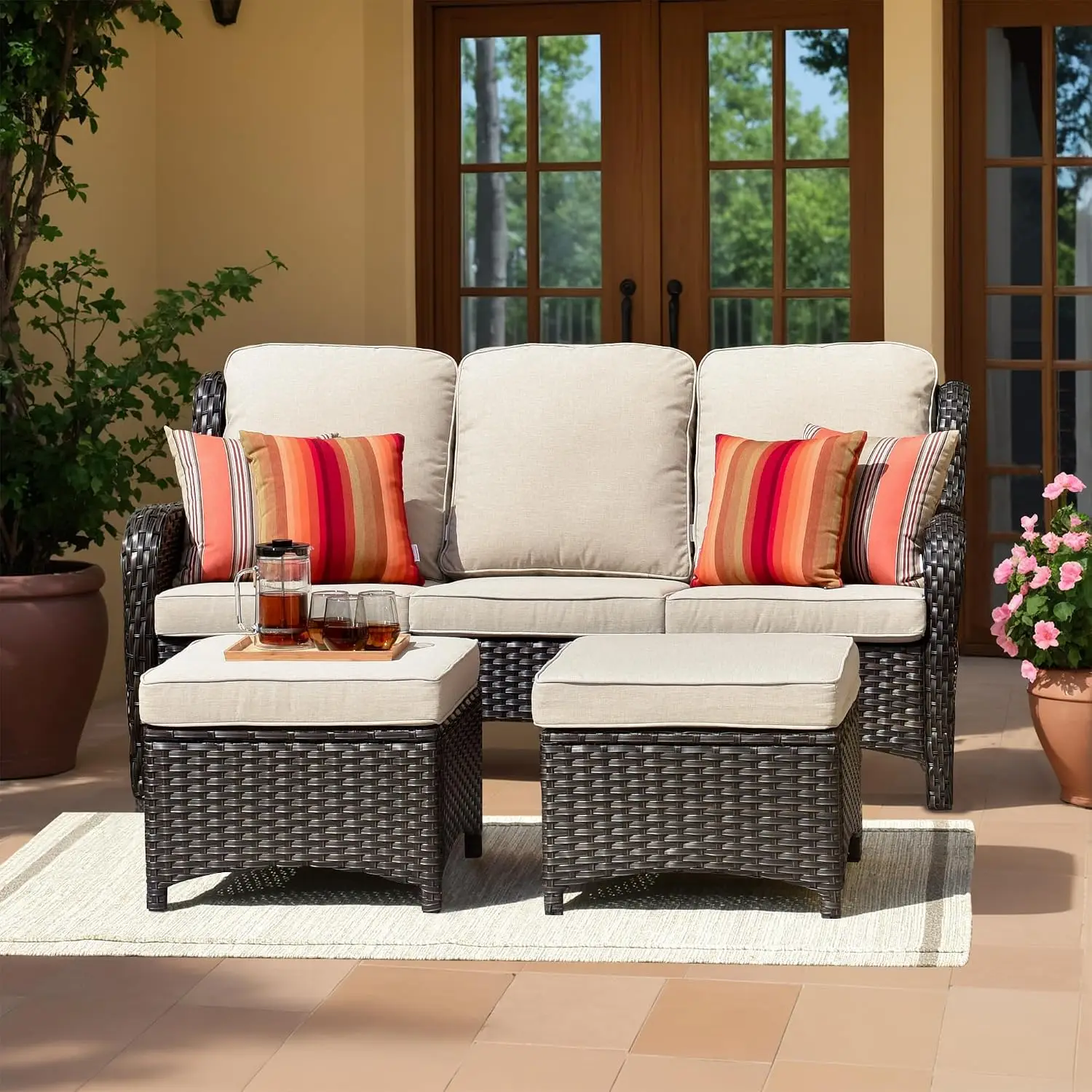 High Back Wicker Patio Sofa Set with 2 Ottomans & Footrests, Comfy Cushions for Porch Deck, Brown Rattan Beige, Customized