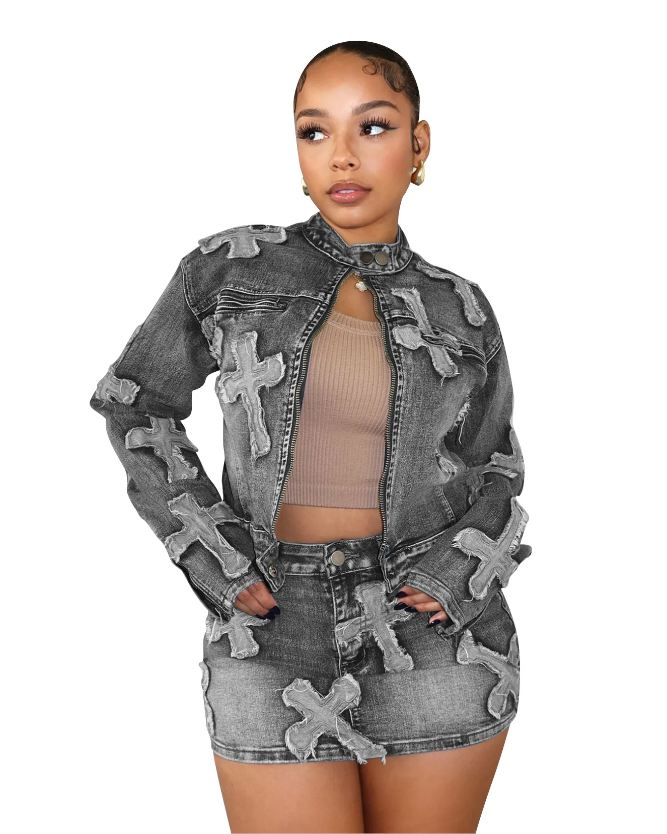 EINY Y2k Luxury Brand Design 2024 Autumn Winter New In Denim Jacket Tops And Mini Short Skirt Set For Women Outerwear Jean Coat