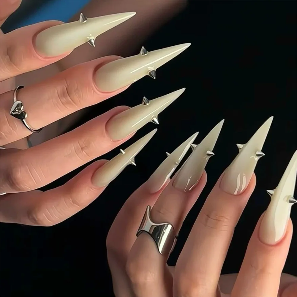 Retro Goth Style Crucifix Rivet Handmade Nail Art Diamond Glitter Polka Dots Lace Curved Stiletto Claw Nails Hand Accessories
