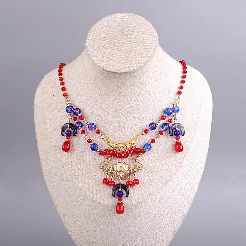 Y2k Red And Blue Contrast Color Tang Style Wreaths Collars Dunhuang Style Short Tassel Necklace Chest-Length Skirt Han Clothing