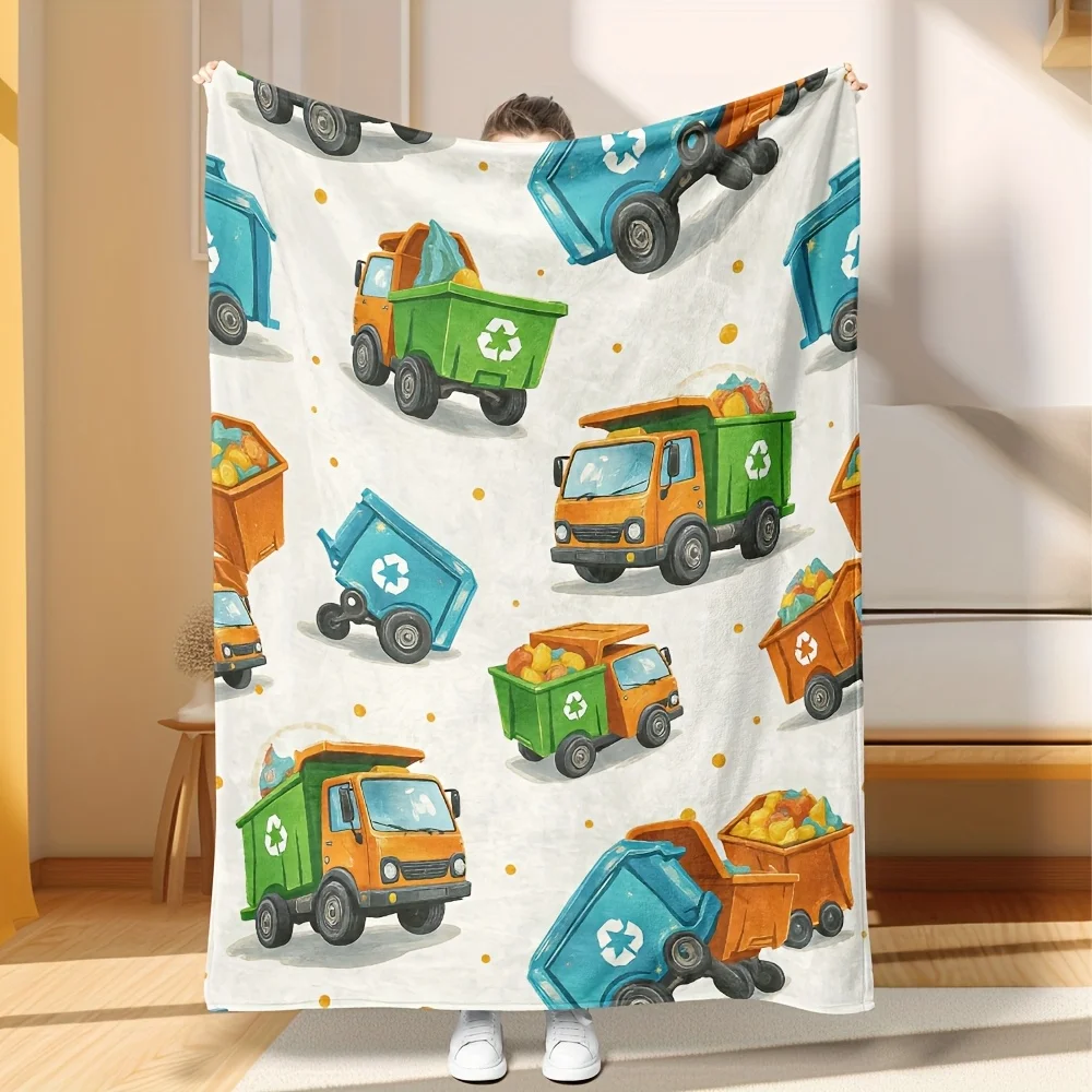 Cute Recycling Truck Blanket Throw for Nursery Kids Room Decor Cartoon Eco Friendly Flannel Blanket