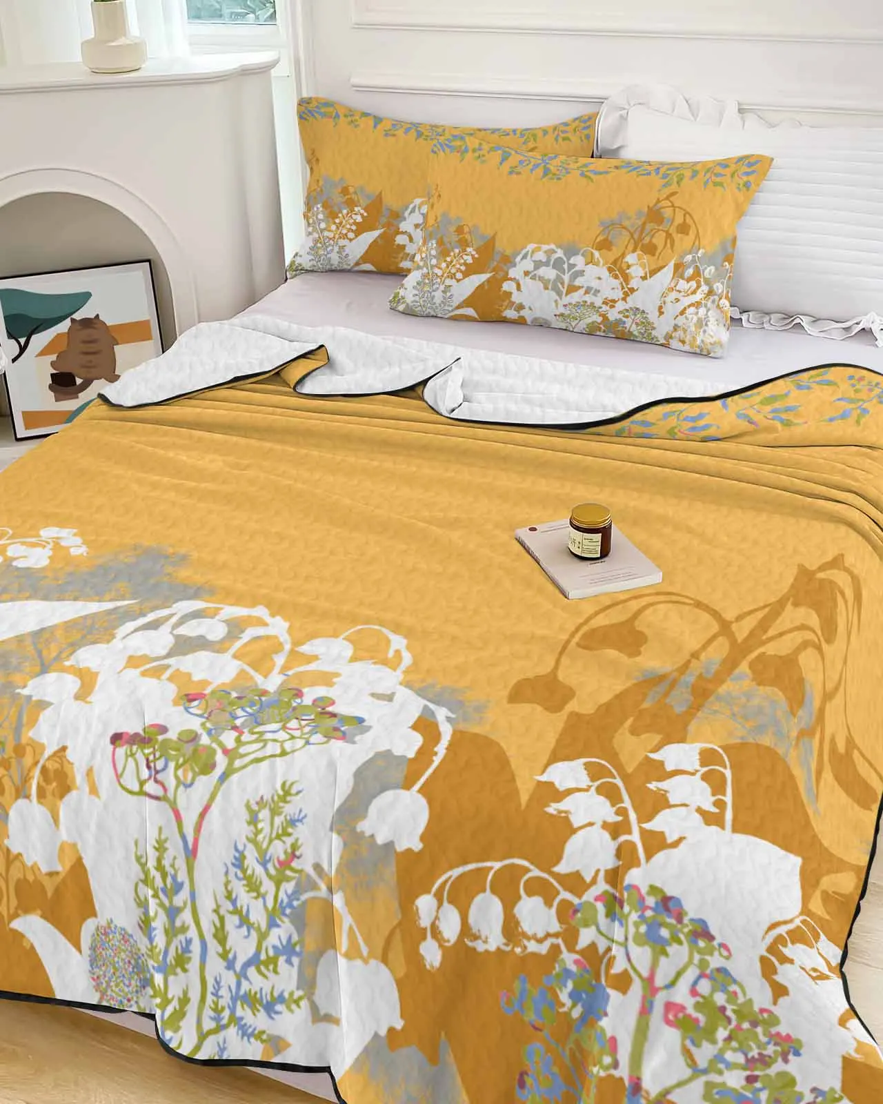 Abstract Lily Of The Rings Leaf Flower Plant Yellow Summer Cooling Quilt Air Condition Blanket Lightweight Thin Quilt