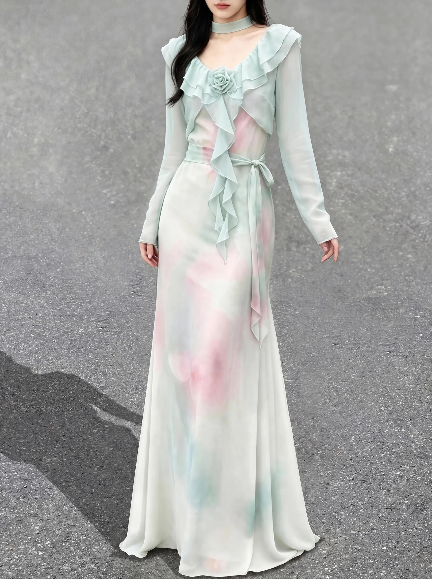 

Elegant Short Open Cardigan Women's Chiffon Blouse with Leaf Design Skin-friendly Breathable Blue Green Color Sunscreen