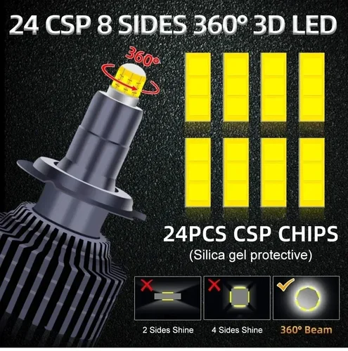 Imagen 2 del producto 3000K 360 °   Bombilla LED para faros de coche H7, 8 lados, 26000LM, 60W, H11, H8, H9, HB3, 9005, HB4, 9006, 9012, CSP, lámpara Led para automóvil, 6000K, 8000K, 12V