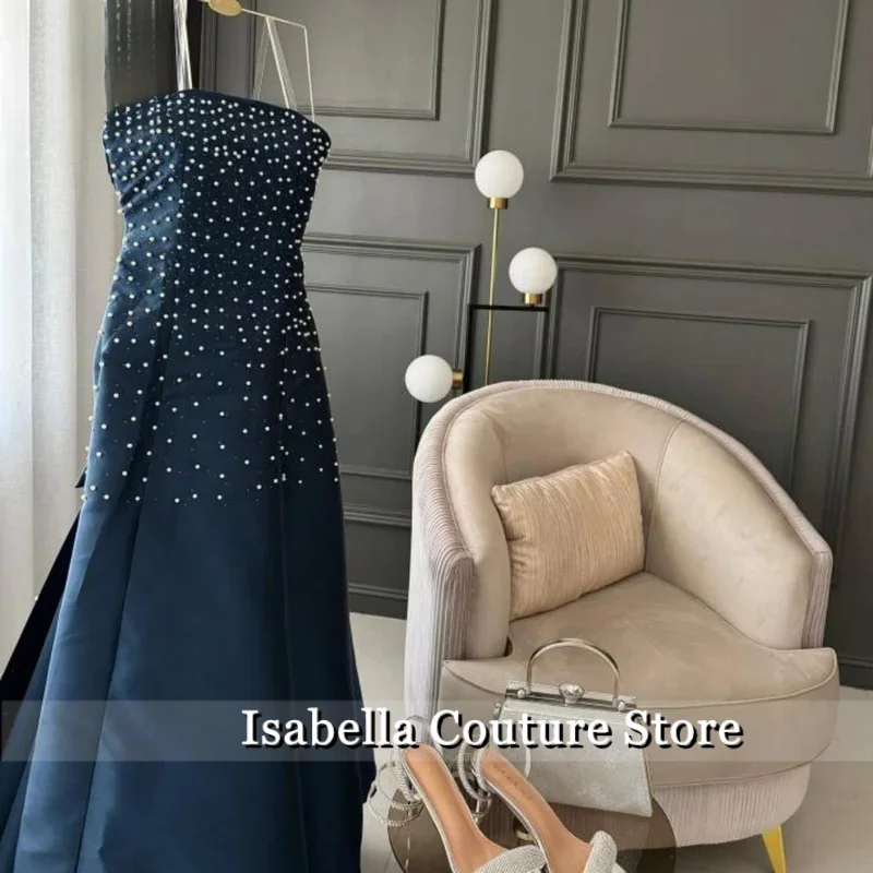 فستان سهرة أزرق ساحر من فيستدوس دي نوش بدون حمالات على شكل حرف a بدون أكمام مع فستان حفل بتفاصيل كريستالية مخصص #5