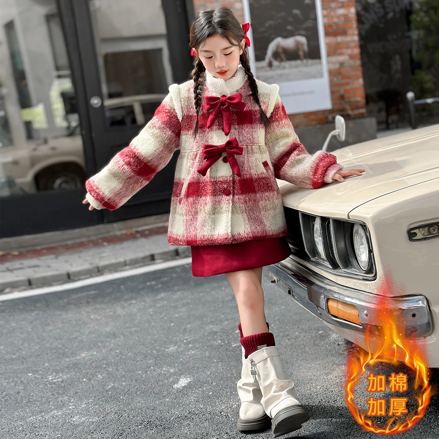 winter red teen girl skirt clothes set plush Classic plaid jacket+skirt 2pcs junior kid suit child outfits vetement enfant fille